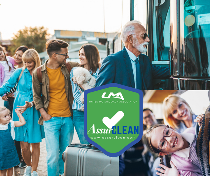 People boarding a bus with AssurClean logo