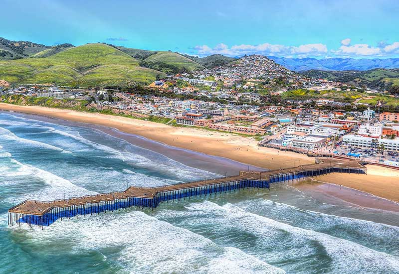 overhead look of Pismo Beach showing pier and beach