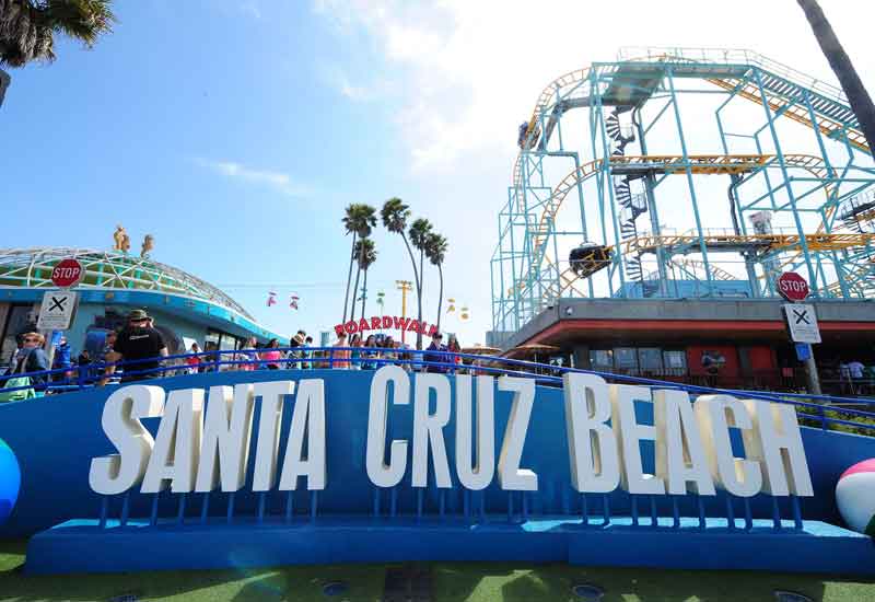 Santa Cruz Beach sign and roller coaster
