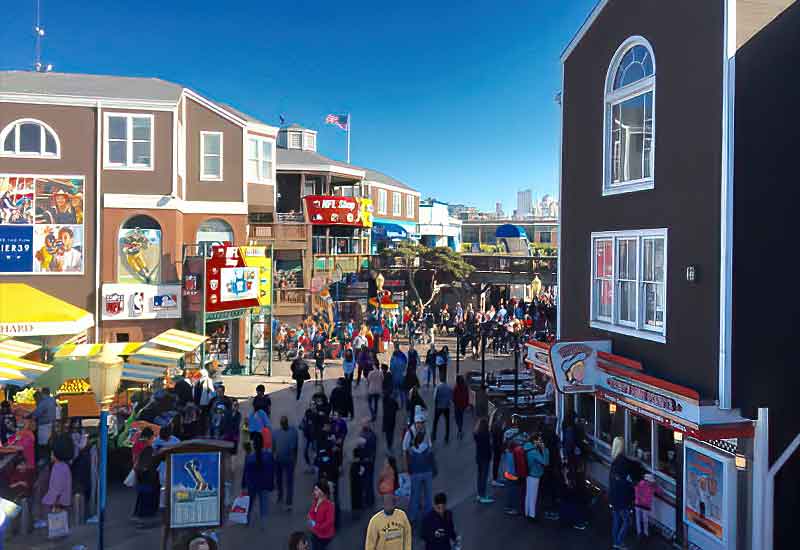 Crowded street and shops at San Francisco Pier 39